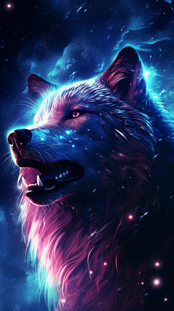 Digital Illustration of a Wolf in the Space with Stars in the Backgroundの素材