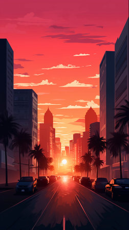 Sunset over the streets of Dubai, UAE. Vector illustration.の素材