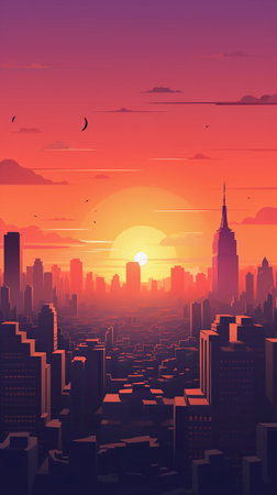 Cityscape at sunset with skyscrapers and sun. Vector illustration.の素材