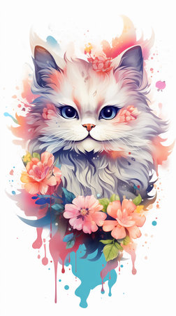 Cute cat with flowers on watercolor background. Vector illustration.の素材