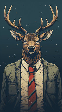 Deer in a coat and tie on a dark background. Vector illustrationの素材