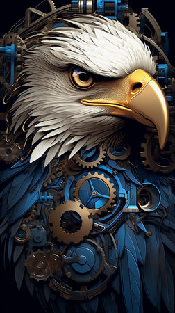 3D rendering of a bald eagle head with gears and cogwheelsの素材