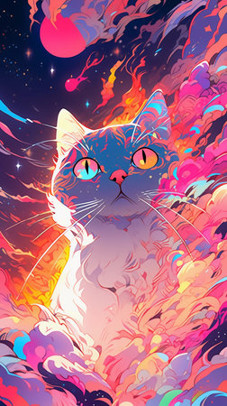 Fantasy cat. Abstract colorful background. Vector illustration for your designの素材