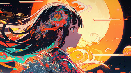 Fantasy illustration of a beautiful girl with a flower in her hair.の素材