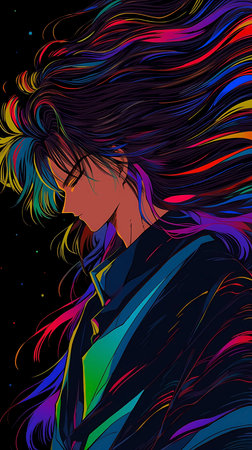 Vector illustration of a beautiful girl with colorful hair in a pop art style.の素材