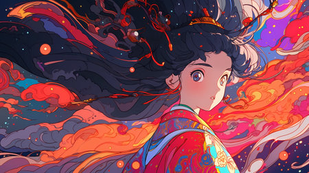 Beautiful girl with long hair in a kimono. Vector illustration.の素材