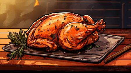 Roasted chicken on a wooden table. Vector illustration of a cartoon style.の素材