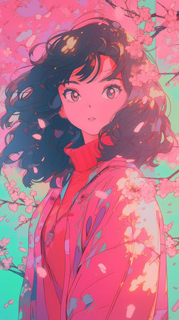 Beautiful young woman in a spring garden. Hand drawn illustration.の素材