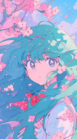 Beautiful girl with flowers in her hair on a background of the skyの素材