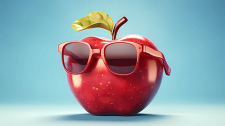 Red apple with sunglasses on blue background. 3D illustration. 3D rendering.の素材