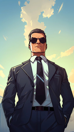 Businessman in a suit and sunglasses on the background of the skyの素材