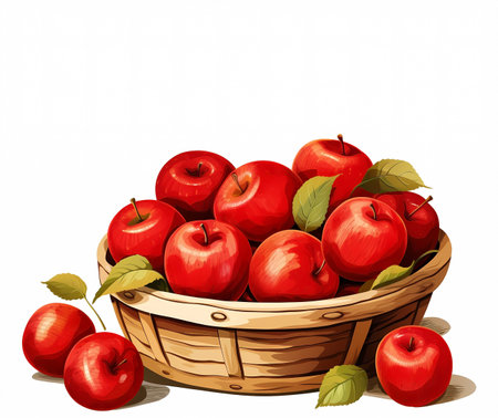 Illustration of a basket full of red apples on a white backgroundの素材