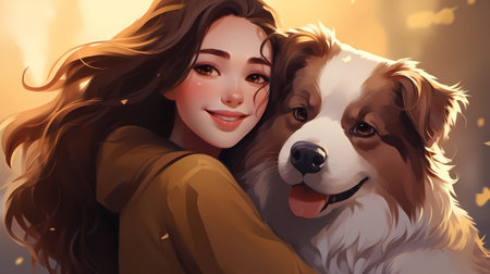 Portrait of a beautiful young woman with her dog at sunset.の素材