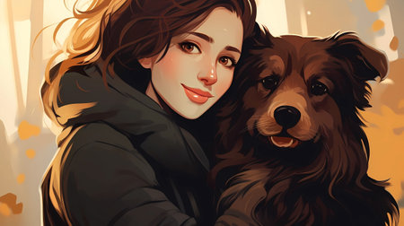 Portrait of a beautiful young woman with her dog. Vector illustration.の素材