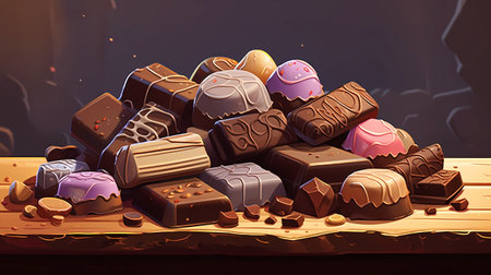 Vector illustration of a chocolate bar on a wooden table with pieces of chocolate.の素材