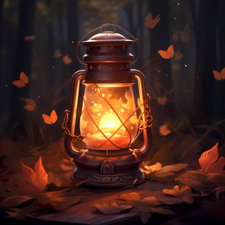 Lantern in the autumn forest with falling leaves. 3d illustrationの素材