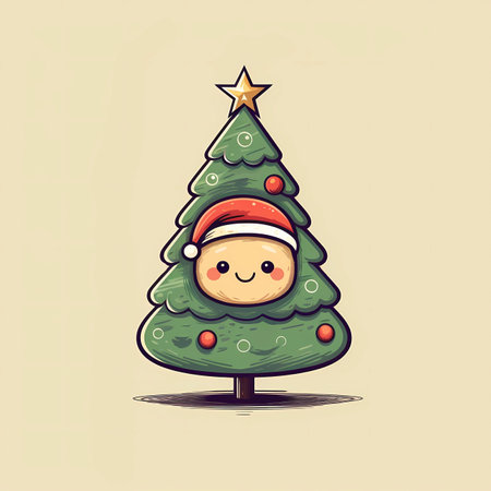 Cute Christmas tree with Santa Claus hat. Hand drawn vector illustration.の素材