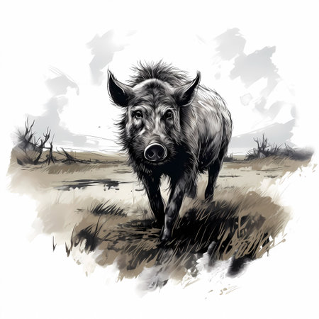 Wild boar. Ink and watercolor drawing. Vector illustration.の素材