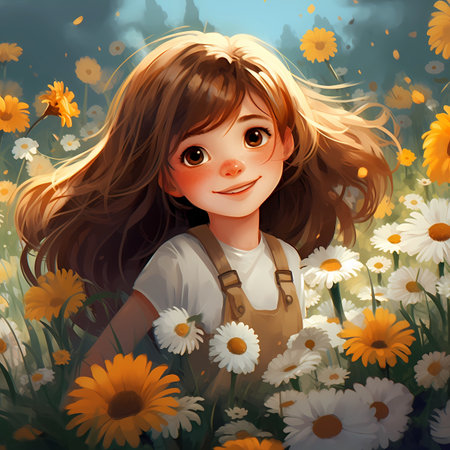 Beautiful little girl in the field of daisies. Vector illustration.の素材
