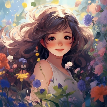 Beautiful girl with long wavy hair among flowers. Digital painting.の素材