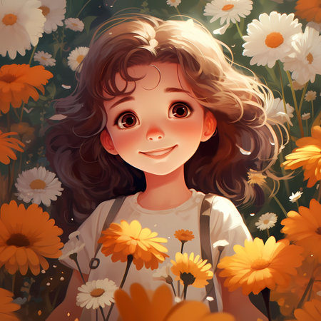 Beautiful little girl with daisies in her hair. Vector illustration.の素材