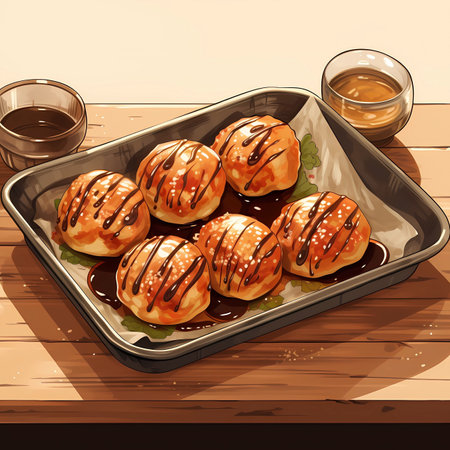 Illustration of a dish of Chinese bun on a wooden table.の素材