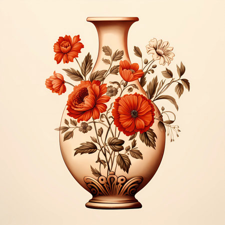 Vintage vase with floral ornament on a light background. Vector illustration.の素材