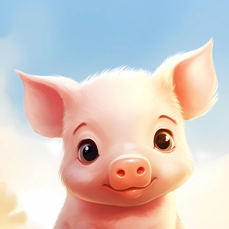 Illustration of a cute little pig on a blue sky background.の素材