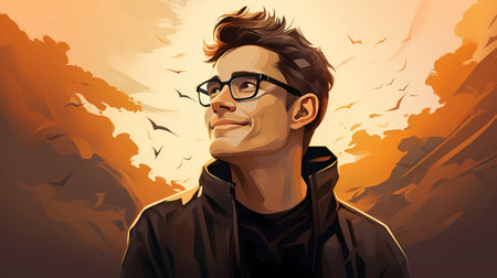 Fashionable young man in sunglasses and a raincoat. Vector illustration.の素材