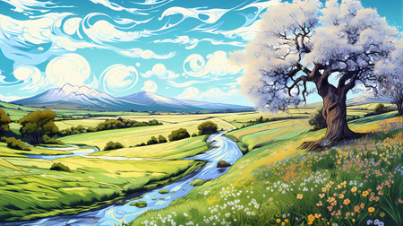 Beautiful spring landscape with a tree and a river. Vector illustration.の素材