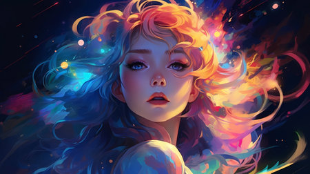 3D illustration of a beautiful girl with long hair and colorful smoke.の素材