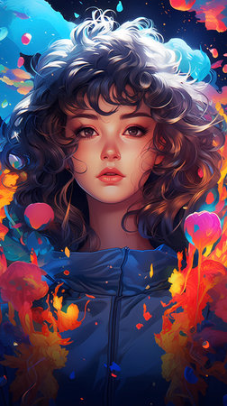 Portrait of a beautiful girl with curly hair in a blue raincoat.の素材