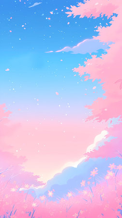 Pink and blue background with cherry blossoms and clouds. Vector illustration.の素材