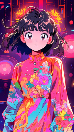 Vector illustration of a beautiful girl in a colorful dress with flowers in her hair.の素材