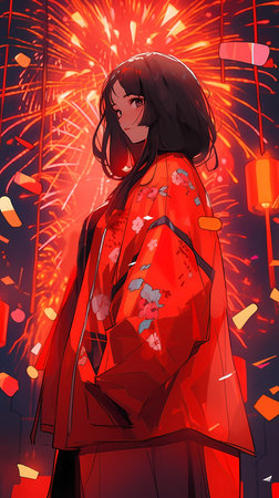 Young woman in traditional japanese kimono with fireworkの素材