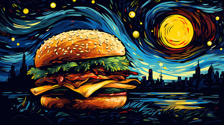 Hamburger on the background of the night city. Vector illustrationの素材