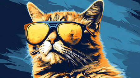 Cat with sunglasses. Vector illustration of a cat with glasses on a blue background.の素材