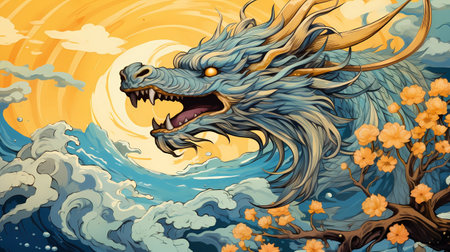 Dragon on the background of the moon and the sea. Vector illustrationの素材