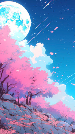Fantasy landscape with tree and full moon in the sky. Vector illustration.の素材