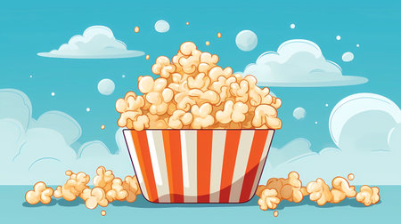 Popcorn in box on blue sky background. Vector cartoon illustration.の素材