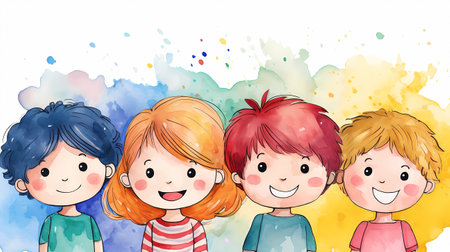 Happy children on watercolor background. Vector illustration for your design.の素材