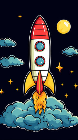 Rocket flying in the night sky. Vector illustration of a cartoon rocket.の素材