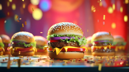 Hamburgers with flying golden confetti. 3d renderingの素材