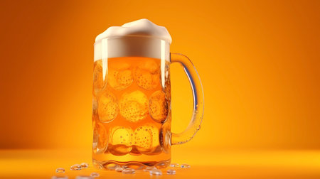 Mug of beer with foam on orange background. 3d illustrationの素材