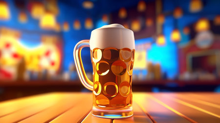 Mug of beer on the wooden table. 3d illustration.の素材