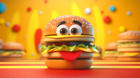 3d illustration of hamburger with smiley face and colorful backgroundの素材