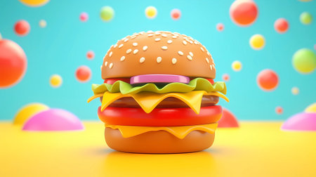 Hamburger on colorful background. 3D illustration. 3D rendering.の素材