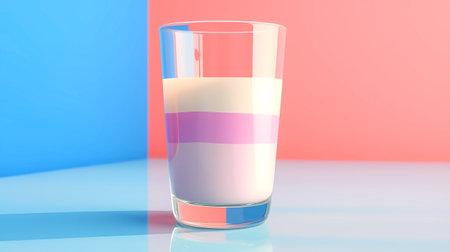 A glass of milk on a blue and pink background. 3d renderingの素材