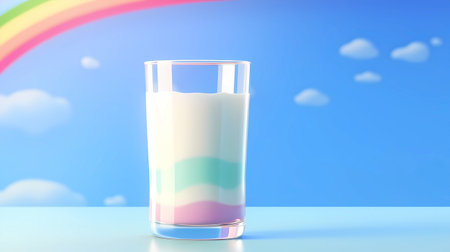 glass of milk on blue background with rainbow and clouds. 3d renderの素材