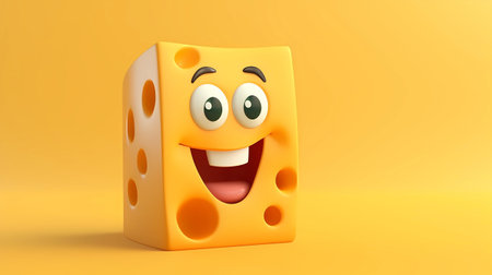 Cheese character with happy expression on orange background. 3d illustrationの素材